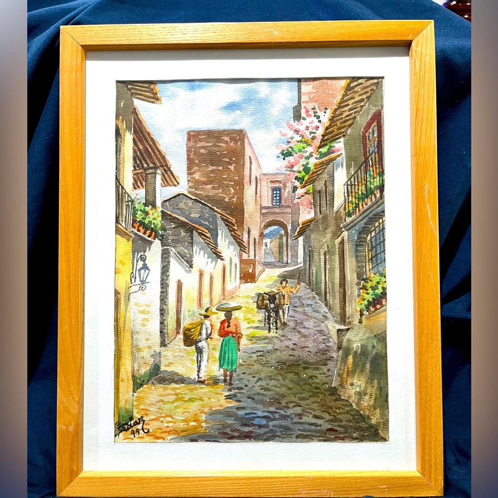 DIAZ MEXICO PEOPLE STREET SCENE WATERCOLOR ON PRINT MATTED & FRAMED PAINTING